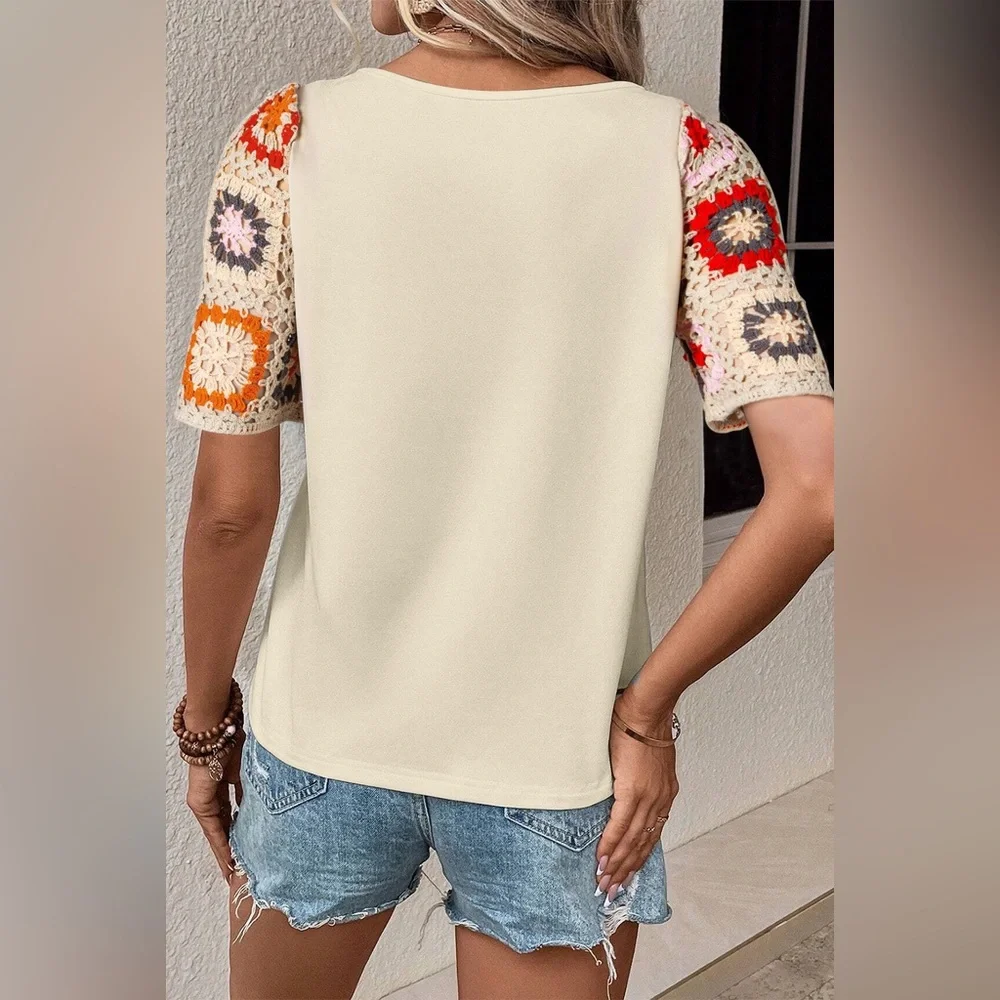Parchment Floral Crochet Short Sleeve Top Bohemian Blouse